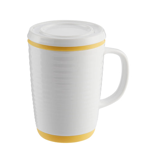 Tea Infuser Mug Ripple 16 oz White with Yellow Silicone