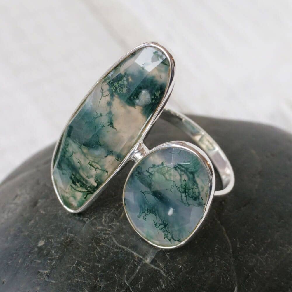 Sterling Silver Moss Agate Ring - size 9